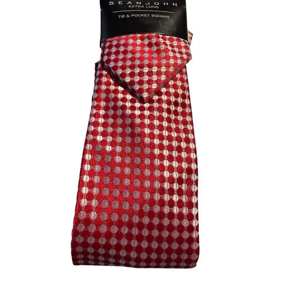 Sean John Extra Long Tie & Pocket Square Set, Red Polka Dot Silk Look, NWT